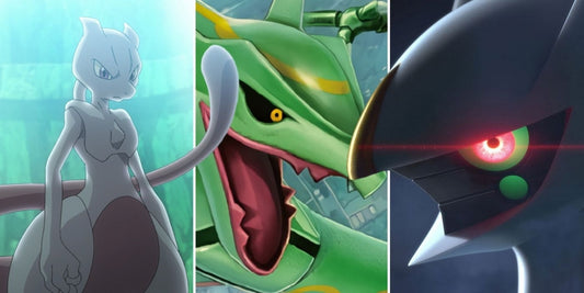 L'image représente Mewtwo, Arceus et Rayquaza, les trois Pokémon légendaires les plus puissants, en train de se battre avec des effets de lumière spectaculaires.